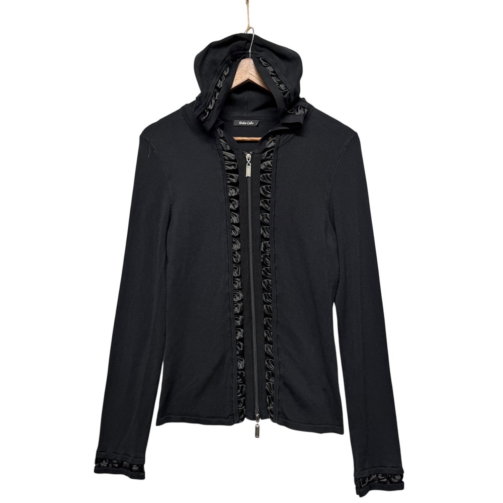 Dolce Cabo Hoodie Women S Black Satin Ruffle Trim Full Zip Lyocell Knit Grunge